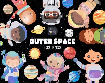 Outer Space Clipart, Space, Rocket Ship, Galaxy Planets PNG, Baby Boy Nursery Decor, Cute Astronaut, Birthday Party Graphics