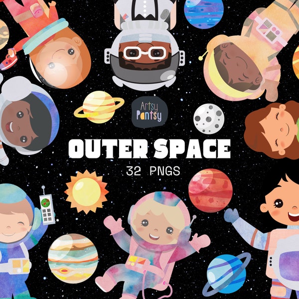 Outer Space Clipart, Space, Rocket Ship, Galaxy Planets PNG, Baby Boy Nursery Decor, Cute Astronaut, Birthday Party Graphics