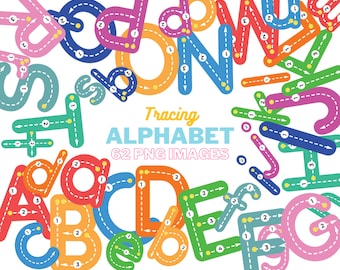 Könnte beinhalten: Alphabetbuchstaben zum Nachzeichnen mit gepunkteten Linien, damit Kinder das Schreiben üben können. Die Buchstaben sind in verschiedenen Farben und haben gelbe Punkte mit Zahlen zum Folgen. Der Text lautet "Tracing Alphabet 62 PNG Images".