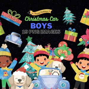 May include: A set of 19 digital illustrations featuring Christmas-themed boys, a blue car, a dog, and various holiday decorations. The illustrations are in a watercolor style and feature a variety of colors, including blue, green, red, and yellow. The text "Christmas Car Boys 19 PNG Images" is included in the image.