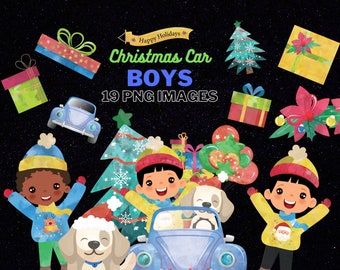 Christmas Cars Boys. Watercolor holiday clipart, vintage, retro car, gifts, Christmas tree, floral wreaths, xmas, merry, holly, greetings