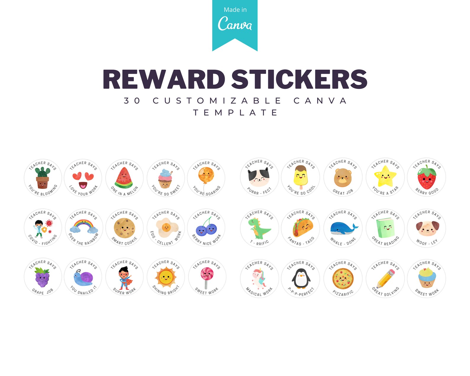 30 Labels Reward Stickers for Kids, Canva Template, Teacher Stickers