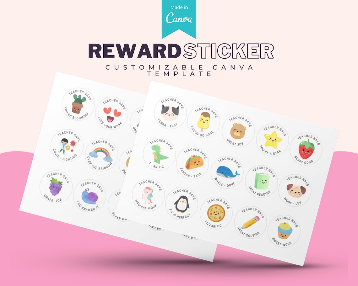 30 Labels Reward Stickers for Kids Canva Template Teacher Etsy