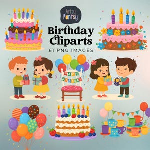 Birthday Cliparts, Cute Watercolor Clipart, Digital Download for Kids Party, Birthday Decorations, PNG Bundle