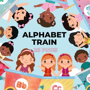 Artículos digitales de clipart para uso comercial, clipart de acuarela del alfabeto de trenes, scrapbooking, creación de tarjetas, gráficos para niños y transporte escolar.
