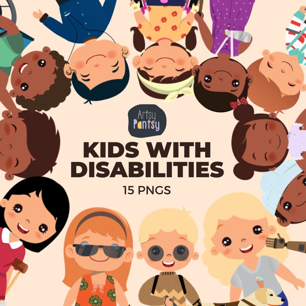 Kinder mit Behinderung, Blindes Kind wird geführt, Clip Art, Fürsorgliche Kinder, Kinder im Rollstuhl, Krücken, Kinder mit Behinderung, süße Kinder