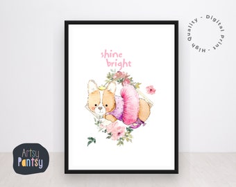 Impresión de Corgi Bailarina en Acuarela: Arte Moderno para Guardería (Descarga Digital)