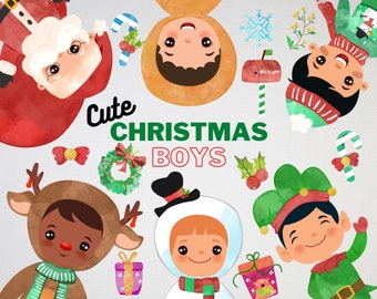 Christmas Clipart Boys Clipart Instant Download Christmas Graphics, tree, snowman, christmas party, wording, Santa Claus