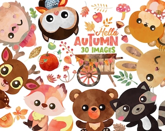 Autumn Animals Watercolor Clipart, Fall Woodland PNG, Digital Download Illustrations for Crafts & Decor