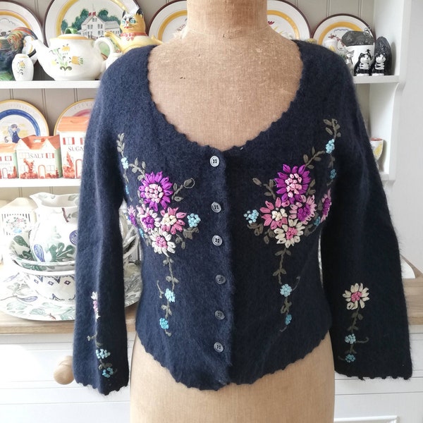 Vintage 1990s black Betsey Johnson cardigan sweater/jumper, stunning hand embroidered flowers in pink/purple/mauve/blue on front & sleeves