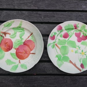 Pode incluir: Dois pratos de cerâmica branca com desenhos de frutas pintadas em verde e vermelho. Um prato apresenta maçãs e o outro apresenta framboesas.