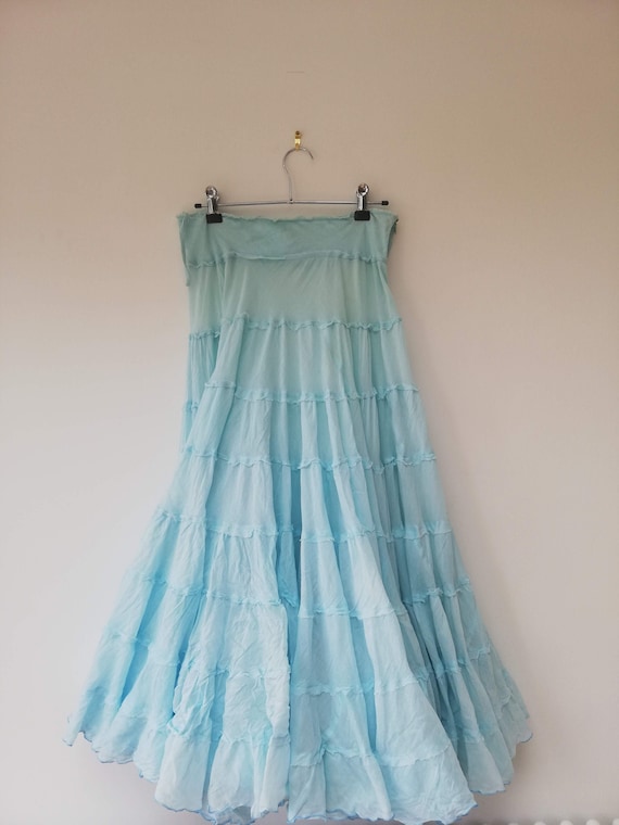 Vintage 90s pale aqua turquoise tiered cotton maxi