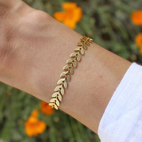 Bracelet minimaliste épi de blé | Chaîne dorée style feuilles | Cadeau pour elle