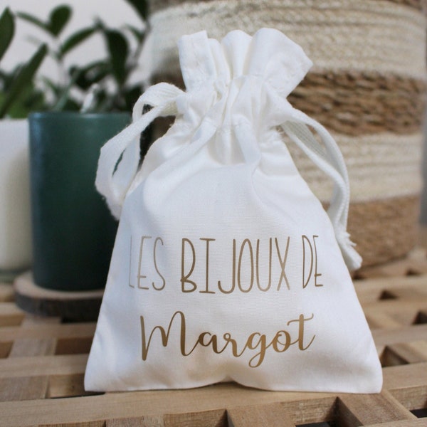 Pochette bijoux coton bio à personnaliser | Pochon personnalisable tissu pour emballer bijoux | Petit sac cadeau avec prénom