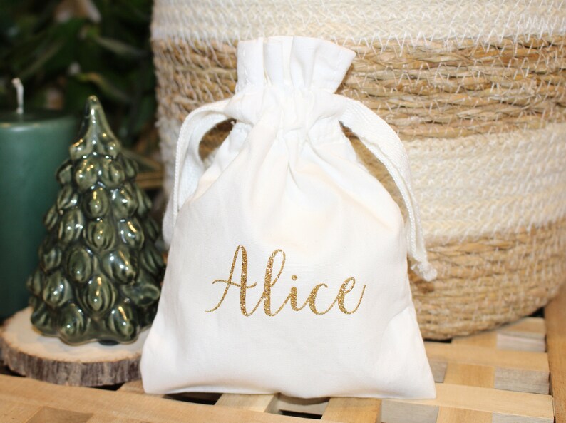 Beutel aus Bio-Baumwolle zum Anpassen Stofftasche für Geschenkverpackungen Schmuckbeutel Kleine Tasche mit anpassbarem Wort oder Vornamen Bild 5