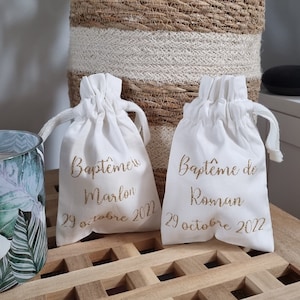 Pochette baptême coton bio à personnaliser | Pochon tissu pour emballer cadeau invités | Pochette baptême dragées | Sac personnalisable