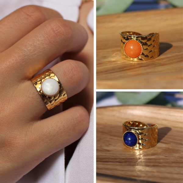 Large hammered ring gilded with fine gold and natural stone | Adjustable ring | gift for her