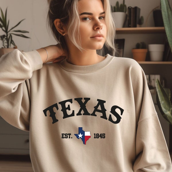 Texas Map Est 1845 Sweatshirt,Texas Shirt Women,Texas Map Hoodie,Texas Cities Shirt,Texas Country Shirt,Western Shirt,Texas Home State Pride