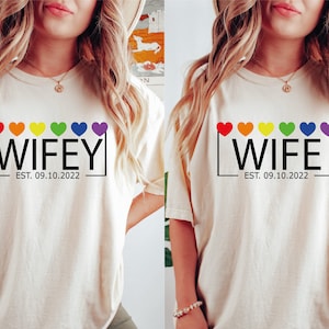 Comfort Colors Lesbian Wife Rainbow Pride Custom Date Shirt,Lesbian Mrs Wedding,Lesbian Gay Bachelorette Party,Bride Wedding Engagement Gift