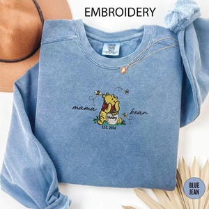 Embroidered Custom Mama Bear Comfort Colors Sweatshirt, Mama Est with Kid Name on Sleeve Embroider Sweatshirt, Personalized Mom Sweatshirt