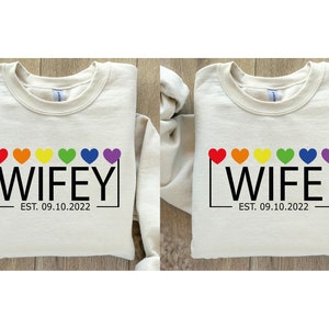Lesbian Wife Rainbow Pride Custom Date Sweatshirt, Lesbian Mrs Wedding,Lesbian Gay Bachelorette Party Hoodie,Brides Wedding Engagement Gift