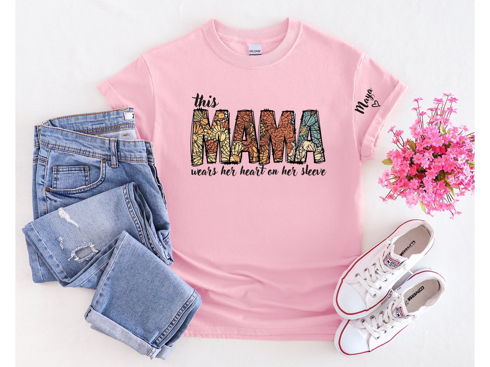 This Mama Wears Her Heart On Her Sleeve Shirt, Floral Mama T-shirt, Personalized Mama Shirt,Mothers Day Gift,Custom Names Tee, Gift For Mama