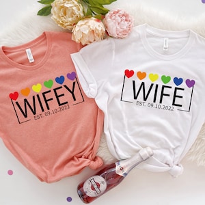 Lesbian Wife Rainbow Pride Custom Date Shirt, Lesbian Mrs Wedding, Lesbian Gay Bachelorette Party Shirt, Two Brides Wedding Engagement Gift