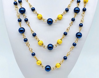 Royal Blue and Gold Infinity Extra Long 68" One Strand Necklace