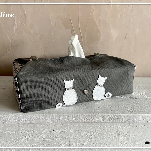 Housse pour boite à mouchoirs rectangulaire motifs chats coloris blanc gris - Kaeline Création France