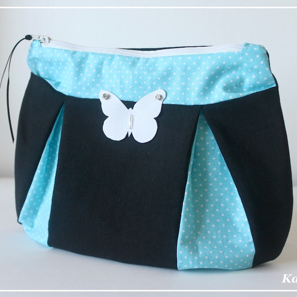 Pochette trousse Papillon noir  et bleu à pois blancs Kaeline création