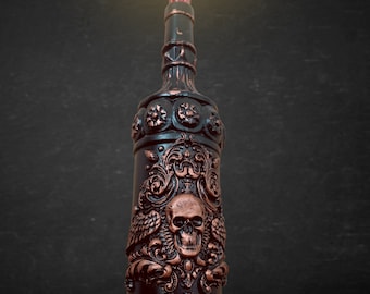 Bronze and Black Skull Gothic Decorated Bottle/Vintage/Clay Pieces/Candle Holder/Vase/Upcycled Bottle/Victorian