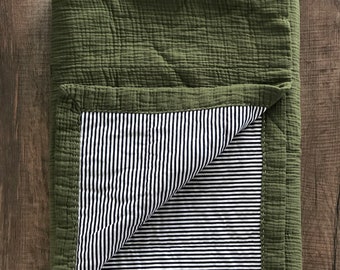 Olive Green w/ Black and White Stripes Modern Handmade Muslin Cotton Gauze Blanket Quilt - Toddler, Crib, Baby, Throw