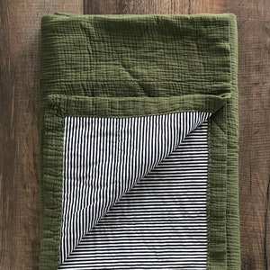 Olive Green w/ Black and White Stripes Modern Handmade Muslin Cotton Gauze Blanket Quilt - Toddler, Crib, Baby, Throw