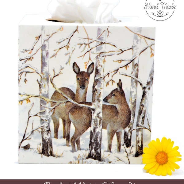 Deer Square Tissue Box Cover, Cube Kleenex Holder + Lid, Woodland In Snow, Wildlife Animal Nature Lover, For Her, Country Cottage Farmhouse