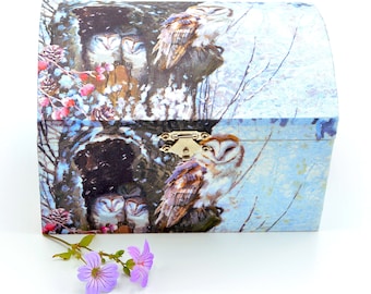 Wooden Owls Trinket & Jewellery Box, Memory Chest, Owl Gifts For Women, Decoupage, Bird Decorative Box, Birthday Mum, Nana, Handmade