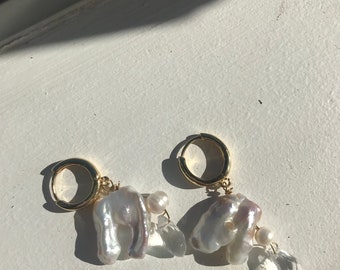 Hoop earrings pendants Keshi mother-of-pearl vintage mini creoles brarocque pearls and crystals