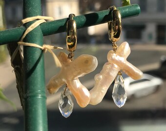 Earrings hoops Keshi mother-of-pearl glass drop beads gold-plated brass
