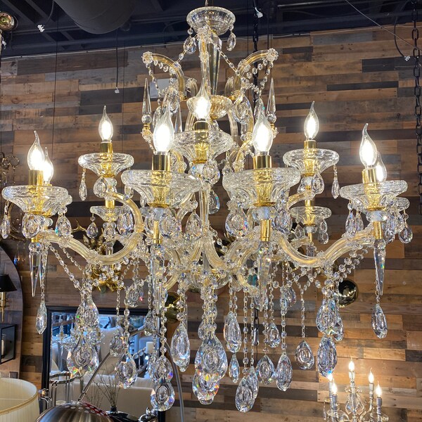 Vintage Chandelier Crystal Maria Theresa Chandelier 35”W Gold Pendant Chandelier over Dining Room- living Room