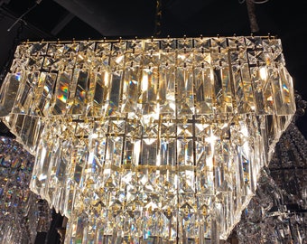 Luxury Chandelier Crystal Gold Chandelier 16"W Square pendant Light Fixture over Dining room Flush mount for Bedroom