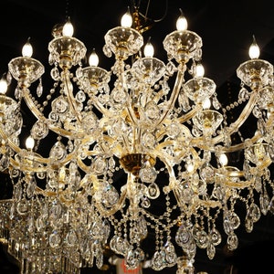 Crystal Chandelier 45”W Gold Lighting Fixture Maria Thersa Pendant Chandelier 24- Lights Dimmable over Dining Room -Foyer - Living Room