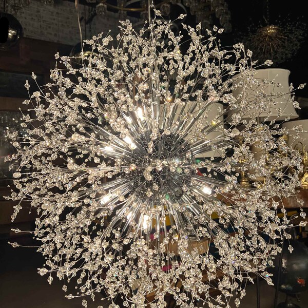 Starburst 32" Wide Clear Crystal Chandelier Chrome Finish 16-Light Round Pendant Light For Living room, Dining room