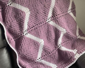 Handcrafted Chevron Knit Afghan Throw Blanket, Plum and White