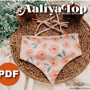 May include: A PDF pattern for a pink and green floral print bikini top called "Aaliya Top" by Nostalgia's Patterns.