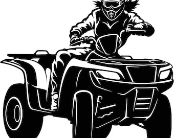 May include: A black and white illustration of a person riding an ATV. The person is wearing a helmet and goggles. The ATV has four wheels and a handlebar.
