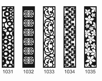 May include: Ten black and white decorative laser cut designs for a screen or divider. The designs include circles, swirls, flowers, leaves, and geometric shapes. The designs are numbered 1031 through 1040.
