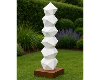 Modern Geometric Sculpture | Stacked Polygonal Art | Abstract Tower Decor | Garden Sculpture | Indoor Modern Art | White on Wood