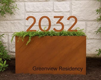 Corten Address Planter | Modern House Number Sign | Rusted Metal Planter Box | Custom Outdoor Decor | Weathered Steel Yard Sculpture
