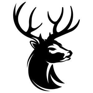 May include: Black and white silhouette of a deer head with large antlers.