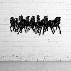 May include: Black metal wall art featuring a silhouette of seven horses running in a line. The horses are all facing the same direction and have flowing manes and tails.