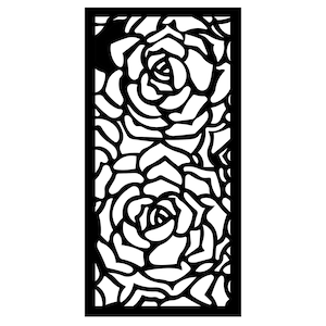 May include: Black and white silhouette of a decorative metal panel with a floral design featuring two large roses.
